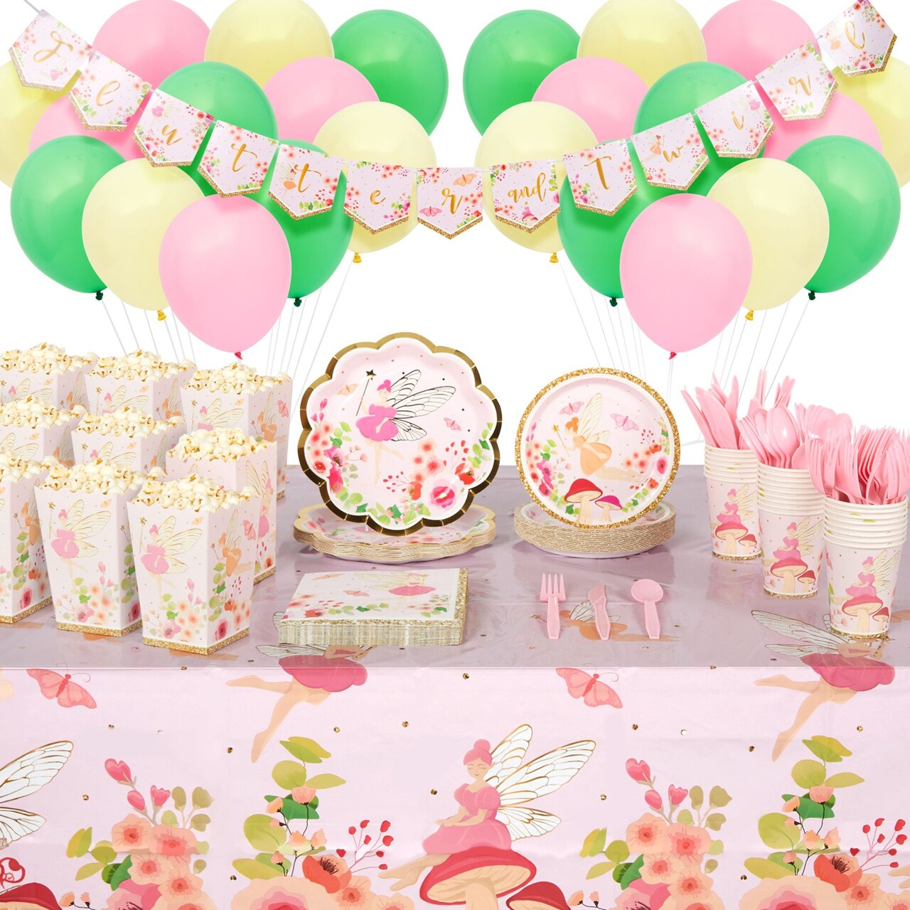 219 Piece Fairy Birthday Party Decorations and Table Dinnerware Set with Favor Boxes, Balloons, Banner (24 Guests)